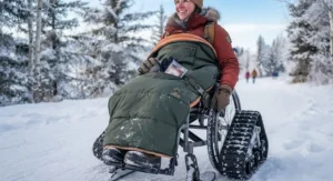 A winter wheelchair equipped with a thermal fleece-lined blanket for cold Canadian weather.