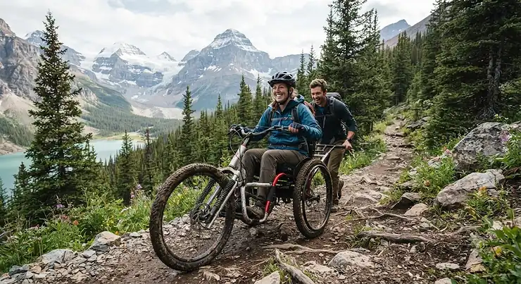 An adaptive trail wheelchair for wheelchair hikers navigating a rugged mountain trail in the Canadian Rockies.