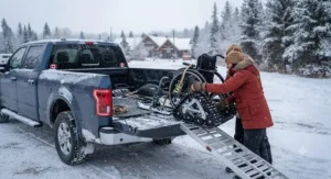A winter wheelchair for snow being safely packed and transported during a chilly Canadian winter.