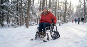 Detailed view of the treads on a universal wheelchair snow attachment for wheels showing slip-resistant grip.