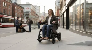 A compact electric wheelchair navigating an accessible sidewalk in a Canadian urban downtown setting.