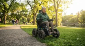 Illustration of an all-terrain wheelchair for outdoor use transitioning smoothly from a paved path to grass in a city park.