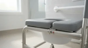 Close-up of a padded commode seat and rust-resistant aluminum frame designed for Canadian bathroom accessibility standards.