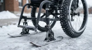 Front ski attachments and rugged winter tires installed on a wheelchair for stability on packed snow and ice.