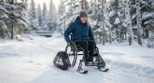 A wheelchair gliding smoothly through fresh powdery snow using a durable wheelchair snow attachment for wheels.