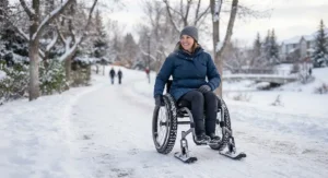 A wheelchair user commuting safely on a cleared snowy park pathway using a wheelchair snow attachment for wheels.