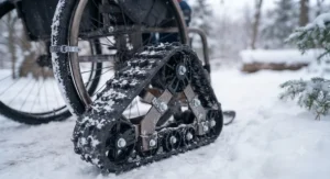 An individual enjoying a winter walk on a snow-covered park trail using a wheelchair snow attachment for wheels.