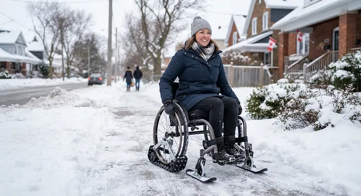 A manual wheelchair equipped with a wheelchair snow attachment for wheels, navigating a snowy Canadian winter sidewalk in Ontario.