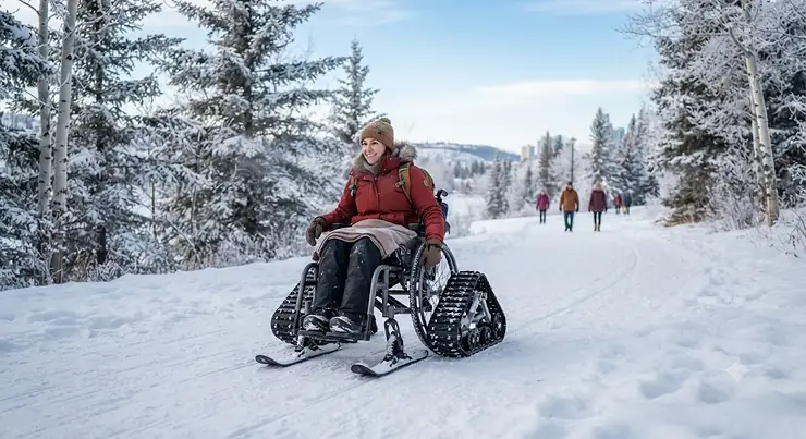 A winter wheelchair for snow smoothly navigating a snowy Canadian pathway during a cold winter day.