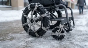 Close-up view of ice cleats and traction attachments fitted to wheelchair wheels for icy sidewalk safety.