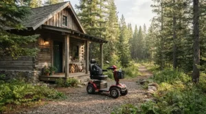 An all-terrain power wheelchair for uneven ground parked at a rustic campground surrounded by pine trees.