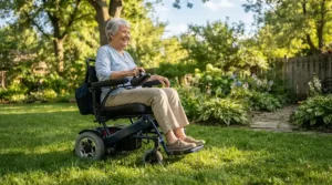 Close-up of an all-terrain power wheelchair for uneven ground moving smoothly across a thick backyard grass lawn.