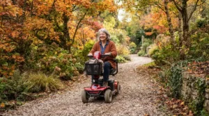 An all-terrain power wheelchair for uneven ground navigating a loose gravel path in a Canadian park during autumn.