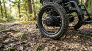 Large pneumatic tires on an all-terrain power wheelchair for uneven ground absorbing bumps on a rough path.