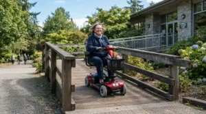 An all-terrain power wheelchair for uneven ground demonstrating stability while climbing a steep outdoor slope.