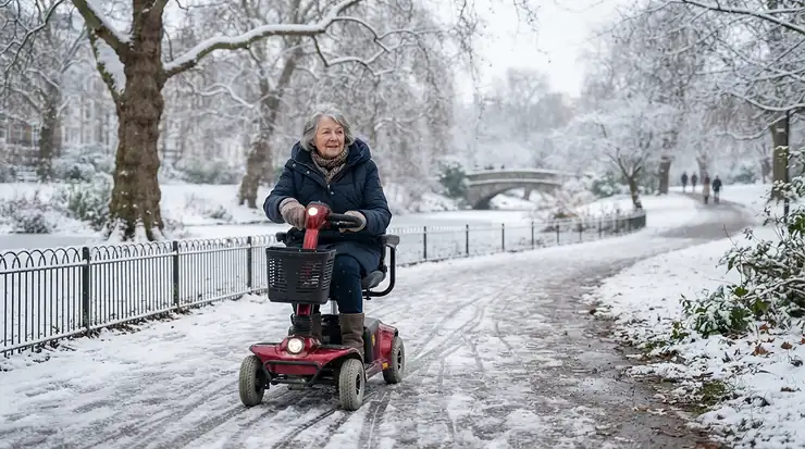 An all-terrain power wheelchair for uneven ground moving through light snow on a sidewalk during a Canadian winter.