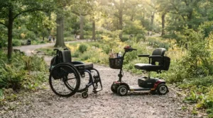 An all-terrain power wheelchair vs mobility scooter for outdoor use being compared on a gravel park path during autumn.