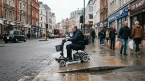 Evaluating an all-terrain power wheelchair vs mobility scooter for outdoor use regarding urban sidewalk maneuverability.