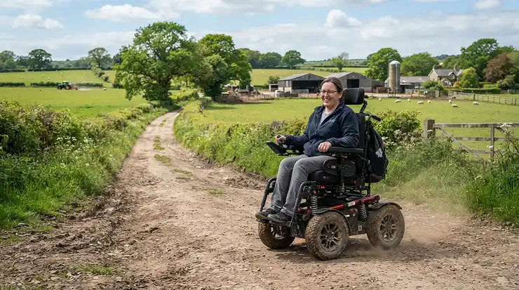 Navigating a rural dirt road with an all-terrain power wheelchair vs mobility scooter for outdoor use.