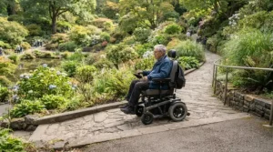 Climbing a steep outdoor incline in an all-terrain power wheelchair vs mobility scooter for outdoor use.