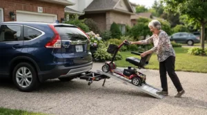 Loading an all-terrain power wheelchair vs mobility scooter for outdoor use into a vehicle transport lift.