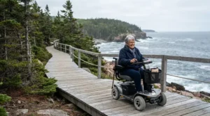 Cruising along a Pacific Northwest coastal boardwalk using all-terrain power wheelchairs.