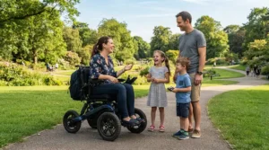 Visiting a local community park during summer with family using all-terrain power wheelchairs.