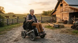 A rural resident managing farm chores on gravel and grass using all-terrain power wheelchairs.