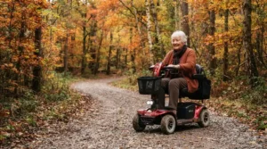 A senior exploring a wooded provincial park trail in Ontario using all-terrain power wheelchairs.