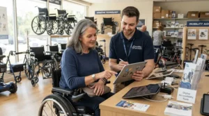Reviewing specifications and quotes for all-terrain power wheelchairs at a mobility equipment dealer.