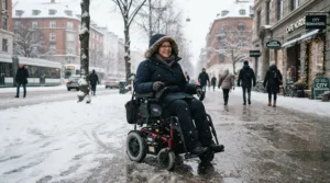 Navigating a winter sidewalk in Calgary safely with all-terrain power wheelchairs equipped for snow.