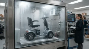A heavy duty power wheelchair undergoing simulated Canadian climate durability testing in a laboratory.
