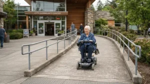 A heavy duty power wheelchair effortlessly climbing a public accessibility ramp outside a community centre.
