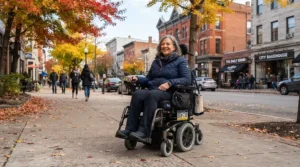 A user enjoying daily outdoor use in a durable heavy duty power wheelchair on a paved urban sidewalk.
