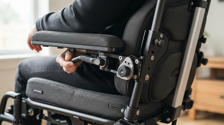 Close-up of the ergonomic seating adjustments on a heavy duty power wheelchair for all-day comfort.