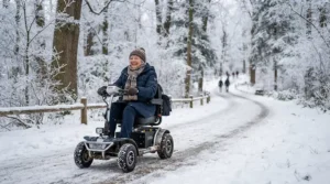 A heavy duty power wheelchair navigating a snowy park path during a Canadian winter day.