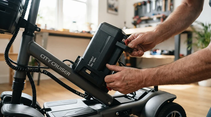 Removing the airline-approved battery from a lightweight foldable power wheelchair for indoor transport.
