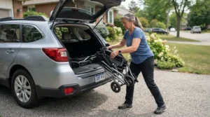 Loading a lightweight foldable power wheelchair for indoor transport into a vehicle trunk for travel.