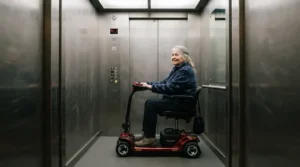 A lightweight foldable power wheelchair for indoor transport fitting comfortably inside a small building elevator.