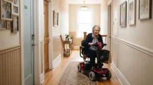 A compact lightweight foldable power wheelchair for indoor transport turning smoothly down a narrow hallway.