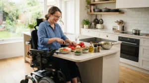 Using a lightweight foldable power wheelchair for indoor transport up to a kitchen counter.