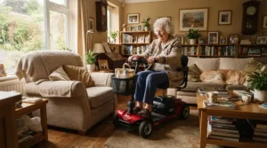 A lightweight foldable power wheelchair for indoor transport navigating a tight apartment living room easily.