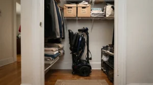 A compact lightweight foldable power wheelchair for indoor transport stored neatly inside a hallway closet.