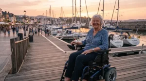 A smiling user in a long range electric wheelchair 30 km range enjoying a family outing by the Montreal harbor.