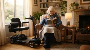 Relaxing at home next to a charging long range electric wheelchair 30 km range in a modern apartment.