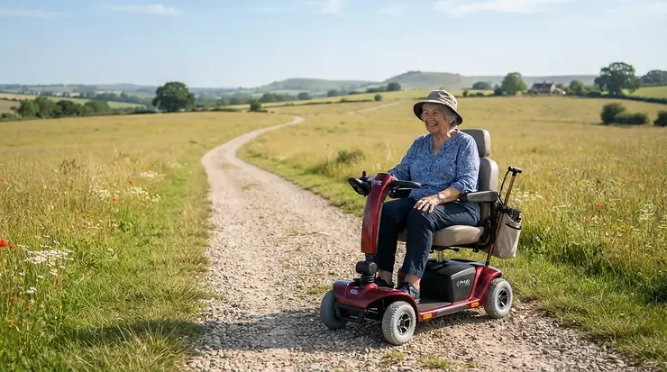 Driving a long range electric wheelchair 30 km range along an extended gravel pathway in rural Ontario.