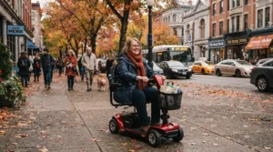 A person navigating a long range electric wheelchair 30 km range along a busy Toronto sidewalk during autumn.