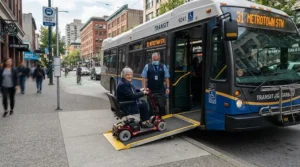 Boarding an accessible transit bus with a long range electric wheelchair 30 km range for daily commuting.