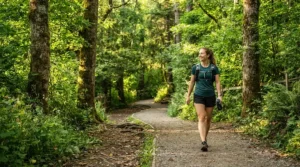 An individual enjoying a scenic park trail in Vancouver using a long range electric wheelchair 30 km range.