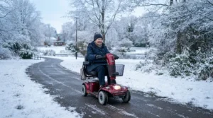 Testing a long range electric wheelchair 30 km range on a cleared pathway after a light snowfall in Calgary.
